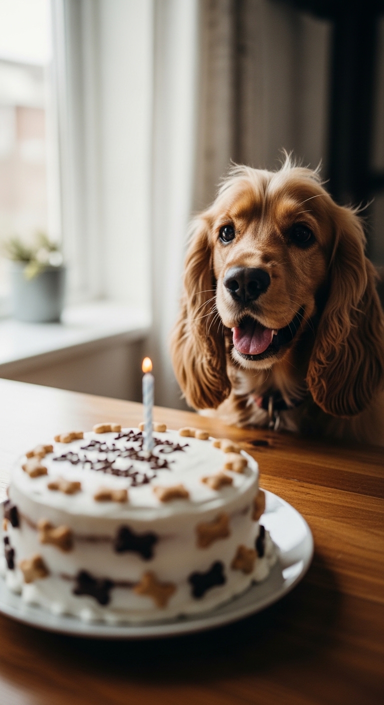 A dog is sitting in front of a birthday cake with a candle on it.