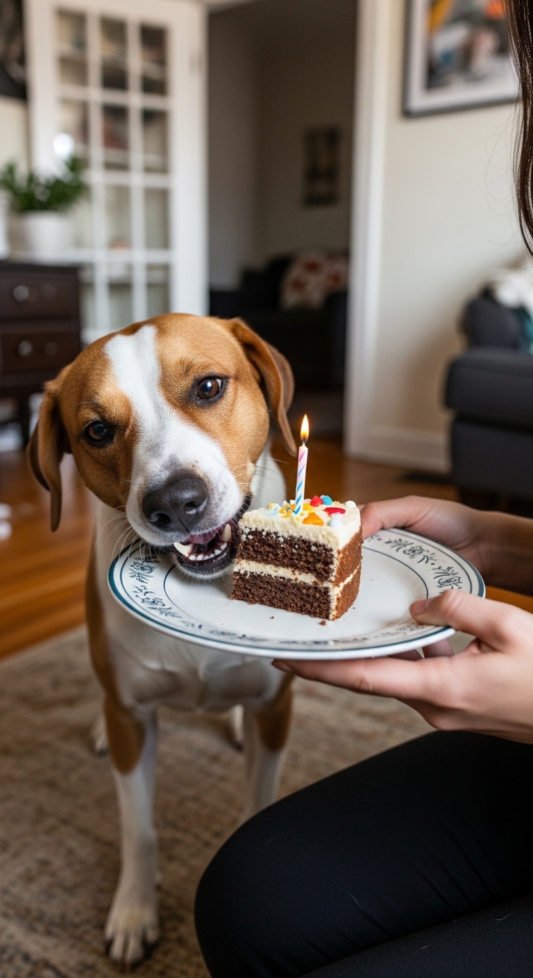 A dog is eating a birthday cake.
