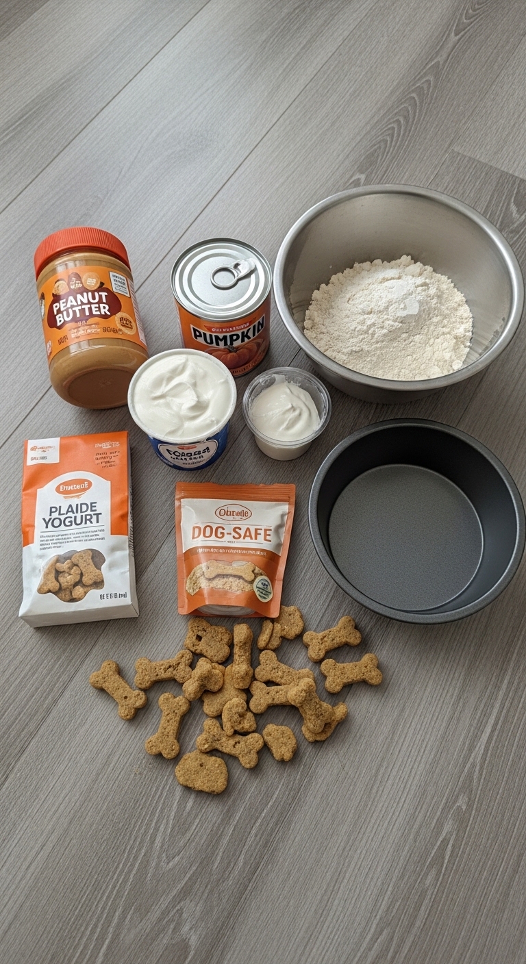 A dog birthday cake with ingredients.
