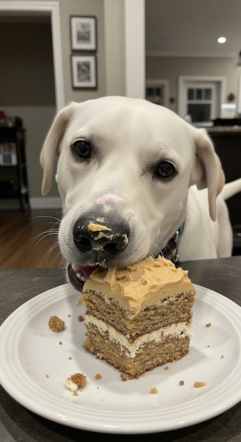 A white dog eating a piece of cake.