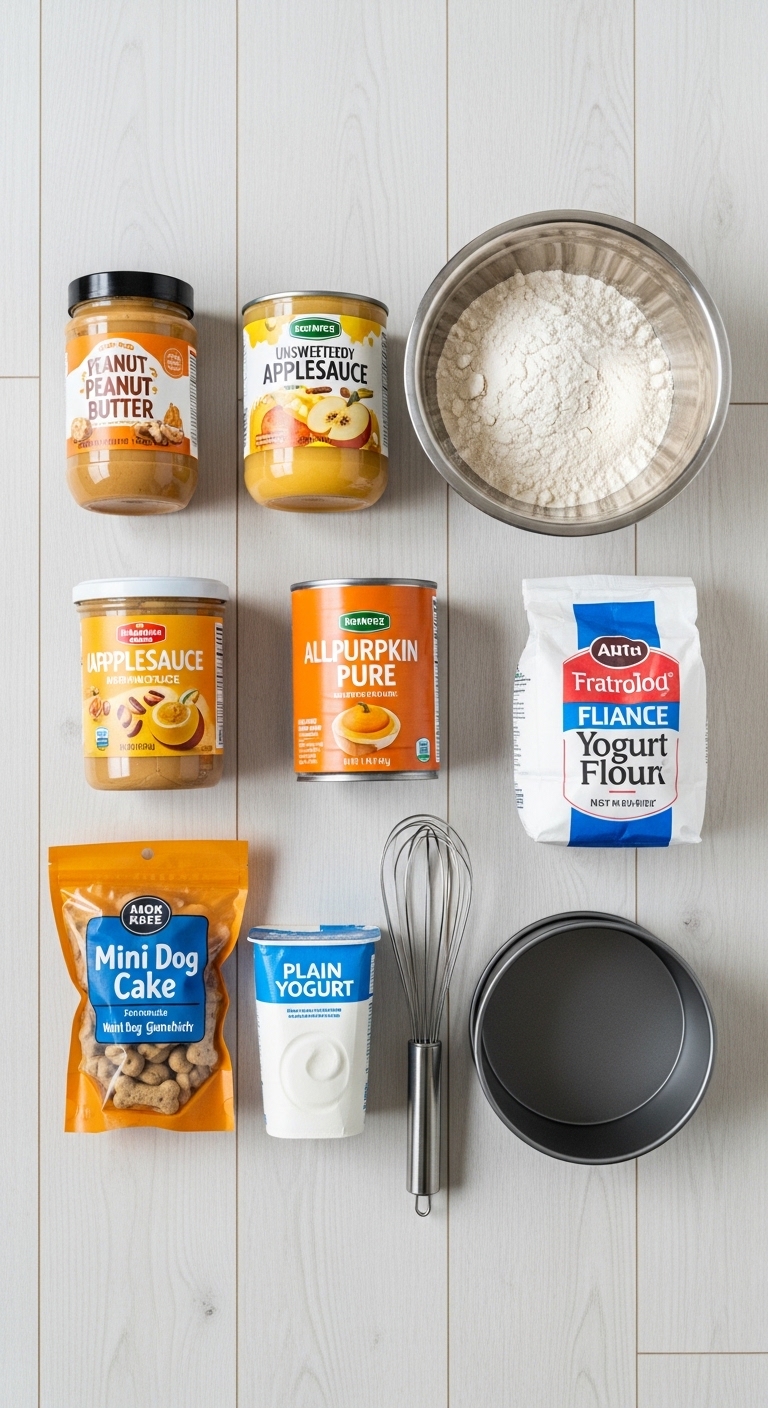 A collection of ingredients for a dog birthday cake.