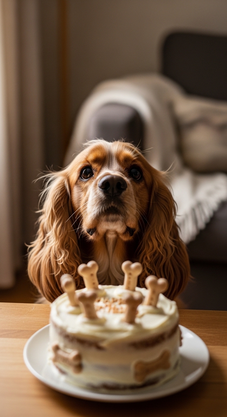 A dog is sitting in front of a birthday cake with three candles.