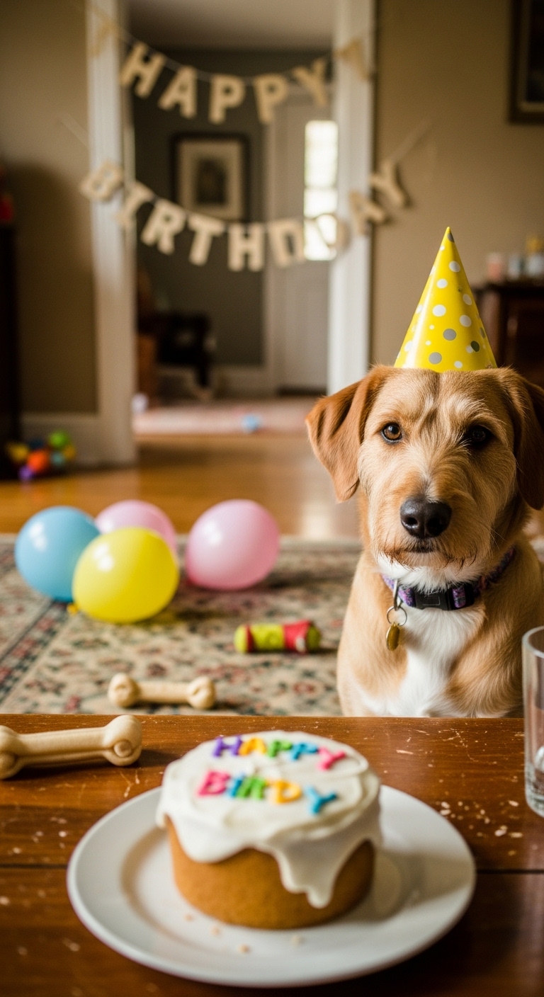 A dog wearing a birthday hat and sitting in front of a birthday cake.