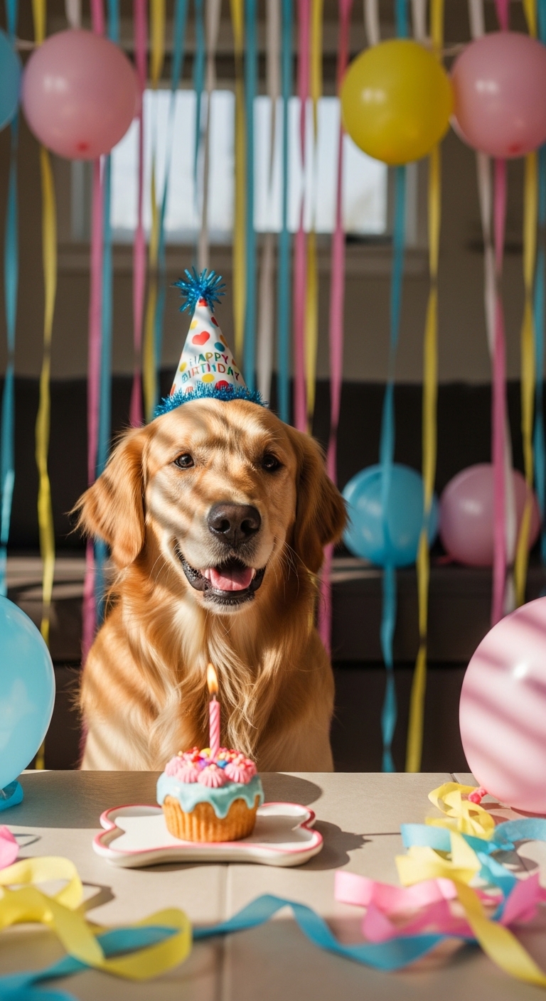 A dog wearing a birthday hat and sitting in front of a birthday cake.