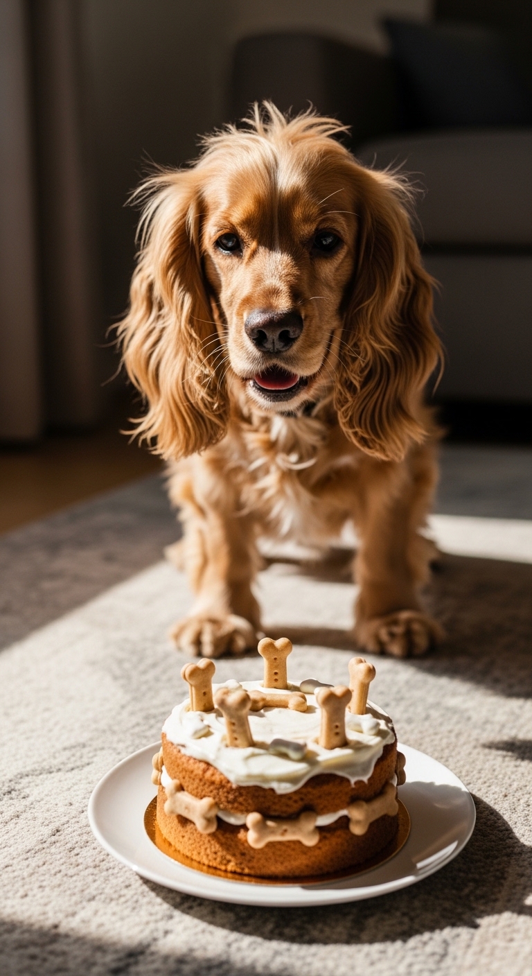 A dog is looking at a cake with bones on it.
