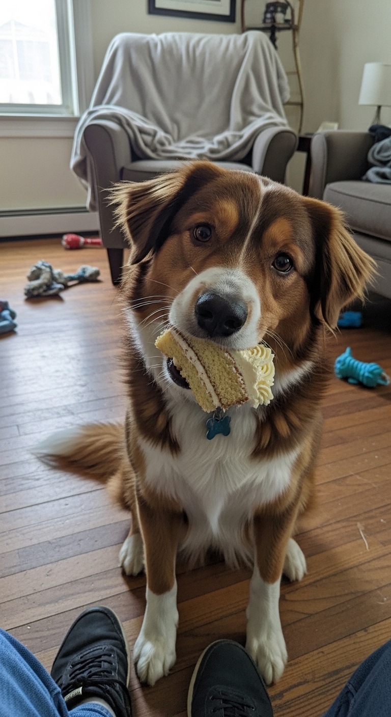 A dog holding a piece of cake in its mouth.