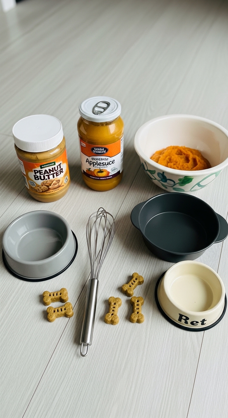 A bowl of dog food and a jar of peanut butter.