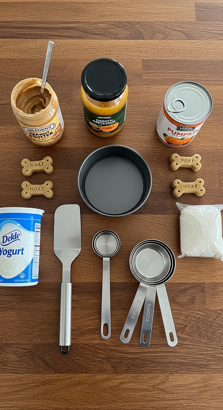 A table with ingredients for a dog cake recipe.