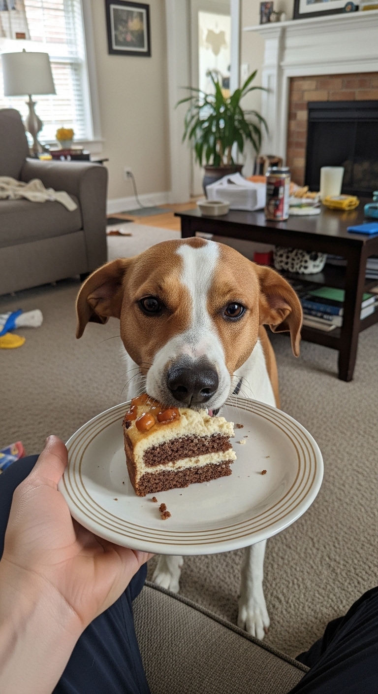 A dog is eating a piece of cake.
