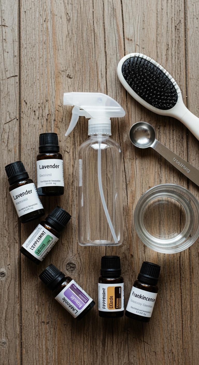 A bottle of lavender oil and a spray bottle of dog deodorizer.