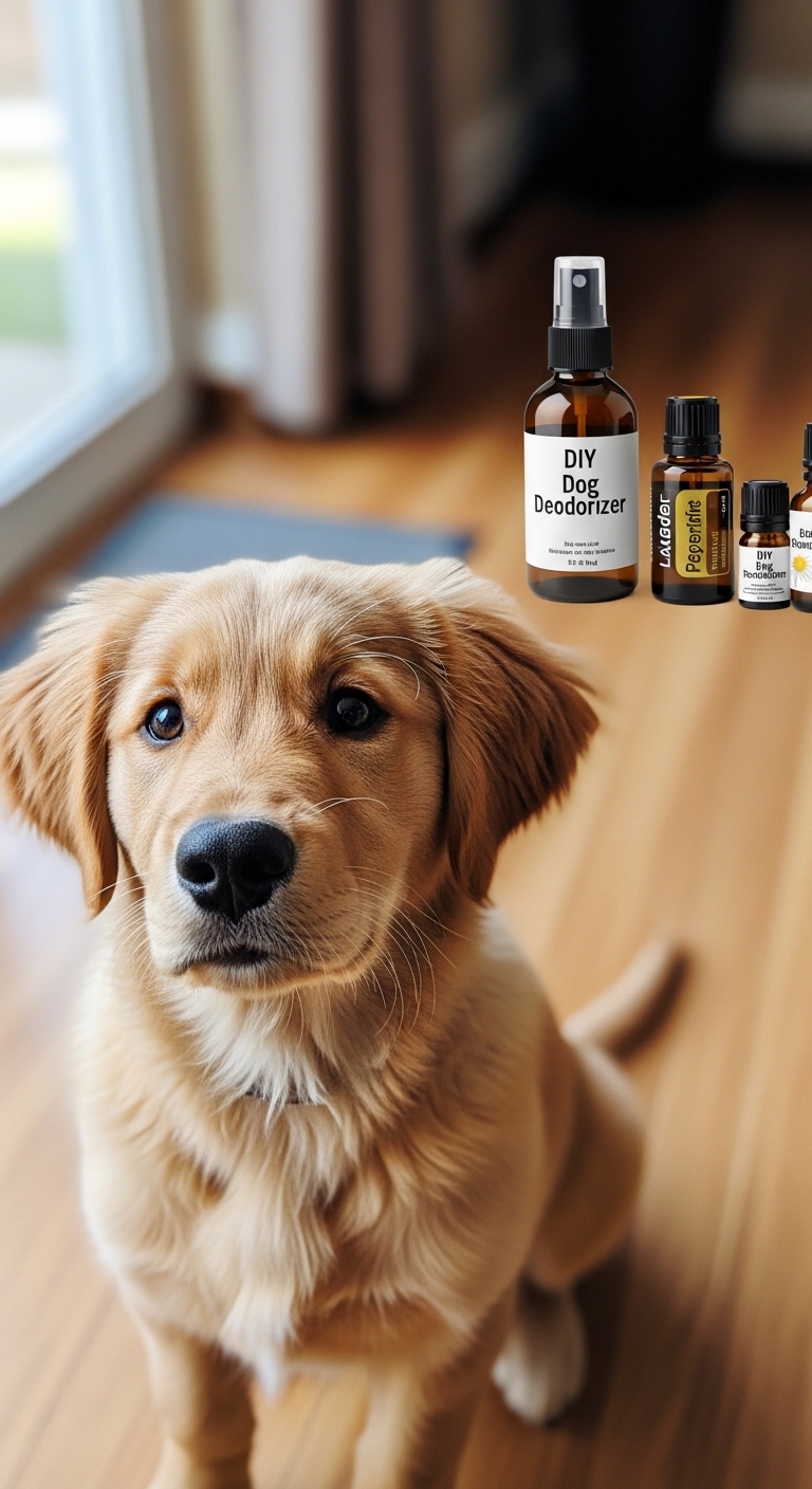 A dog with a bottle of deodorizer spray.