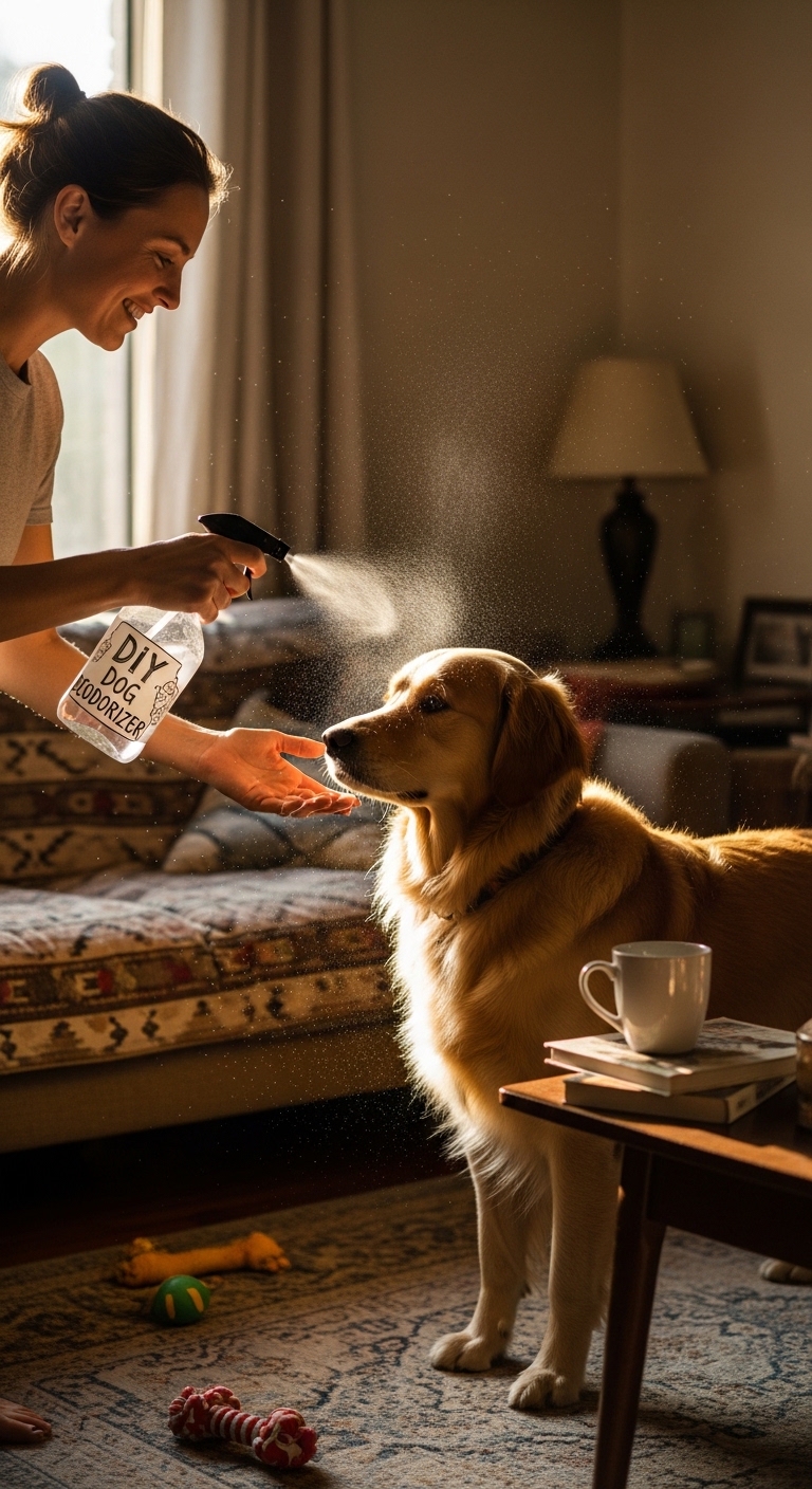 A man sprays a dog with a homemade deodorizer.