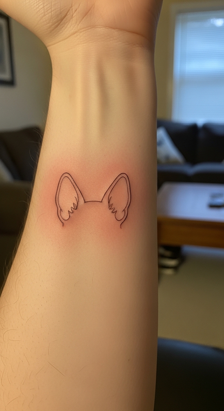 A person has a tattoo of a dog's ear on their arm.