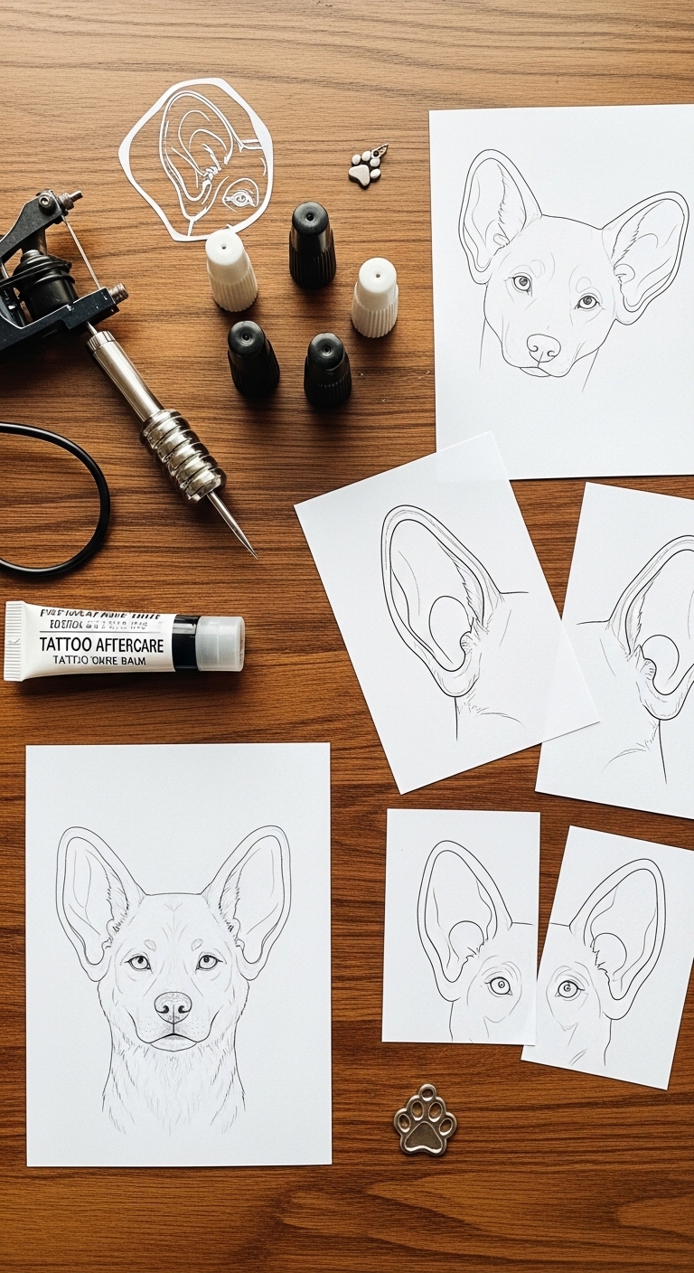 Drawings of dog ears on a table.