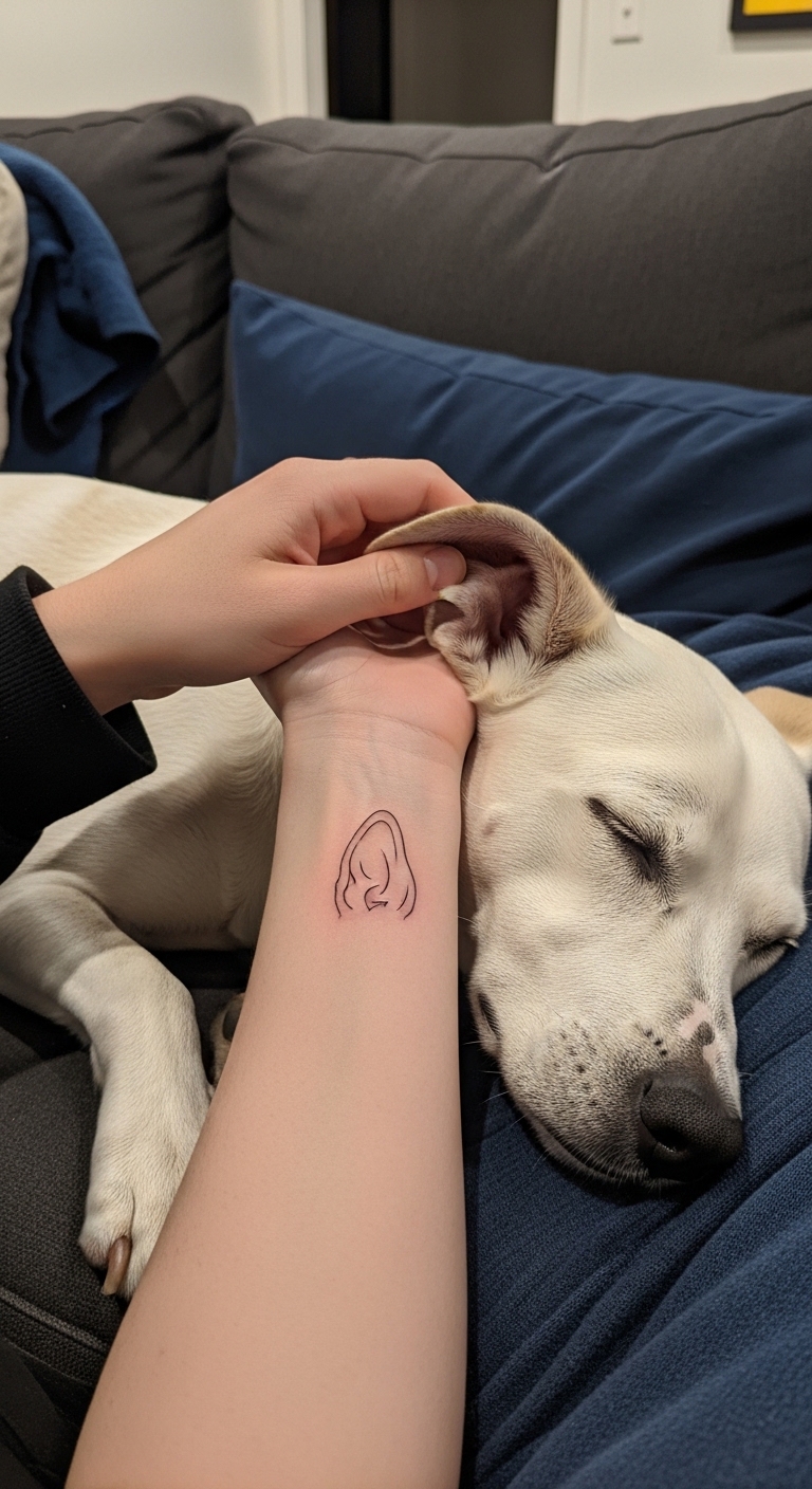 A person with a dog ear tattoo design on their arm.