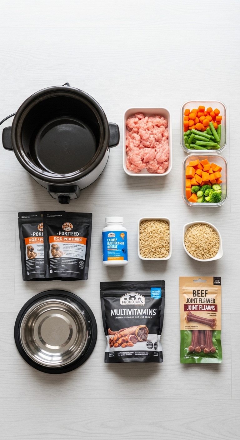 A table with various dog food ingredients.