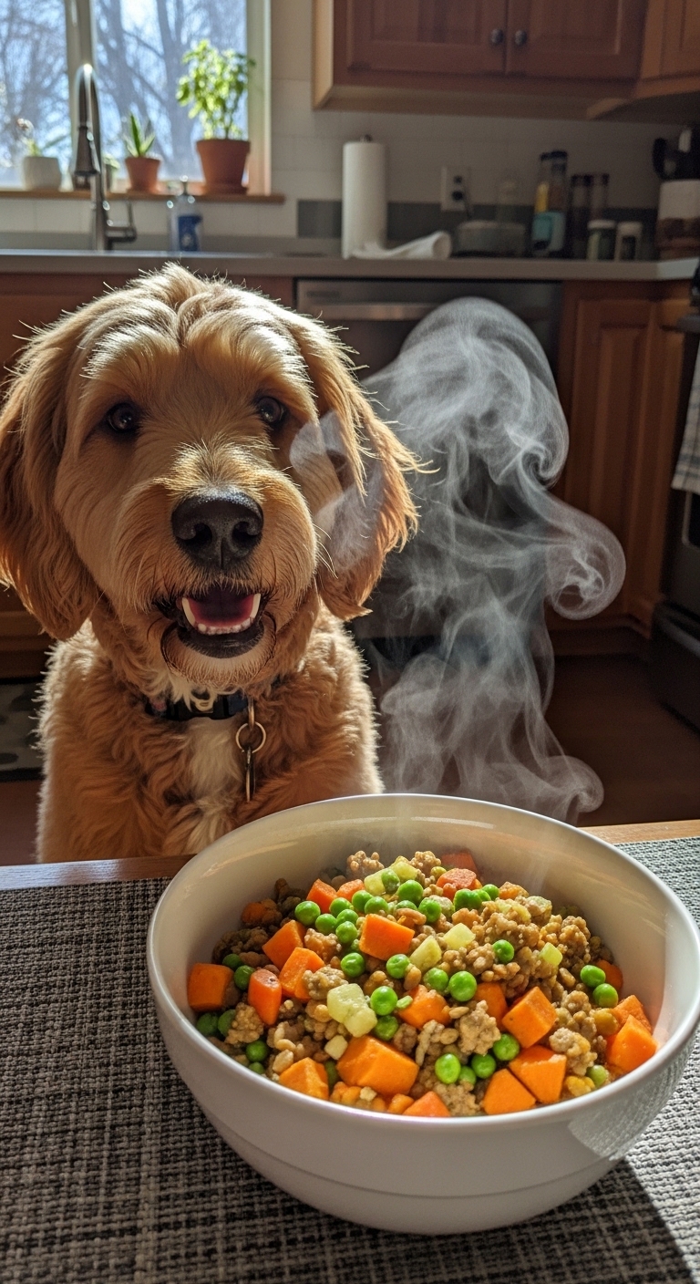 A dog is looking at a bowl of food.