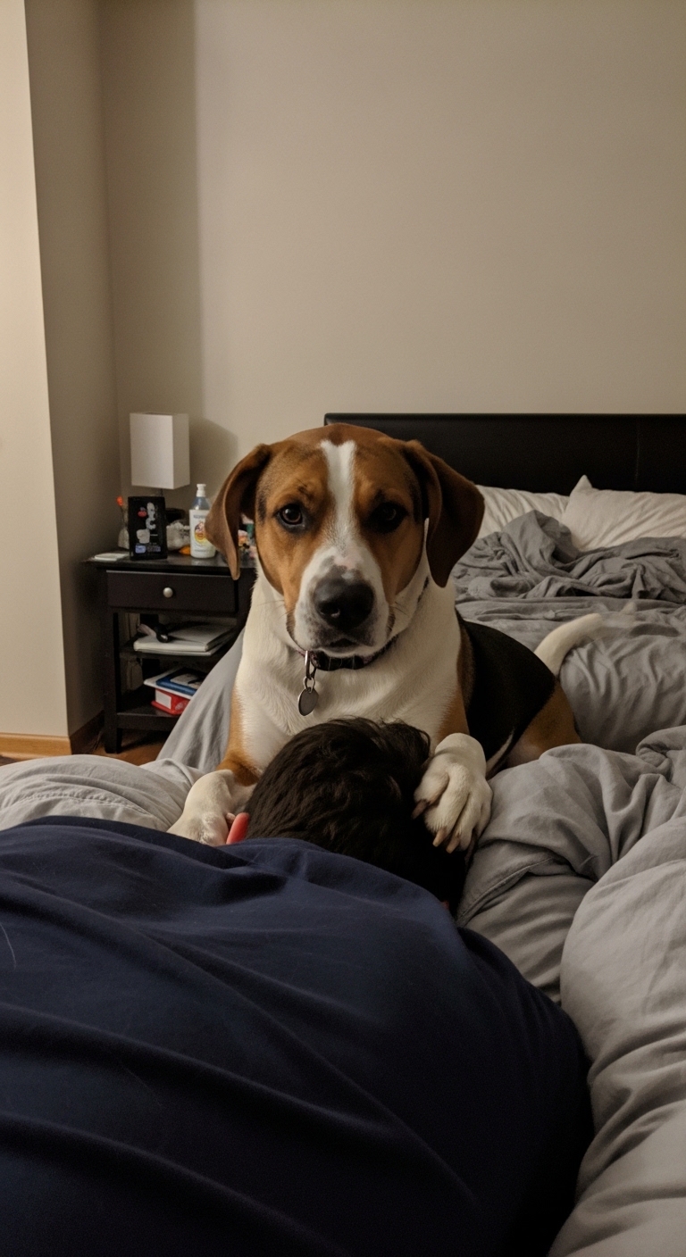A dog is sitting on a bed next to a person.