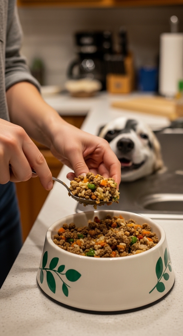 A person is feeding a dog food from a bowl.