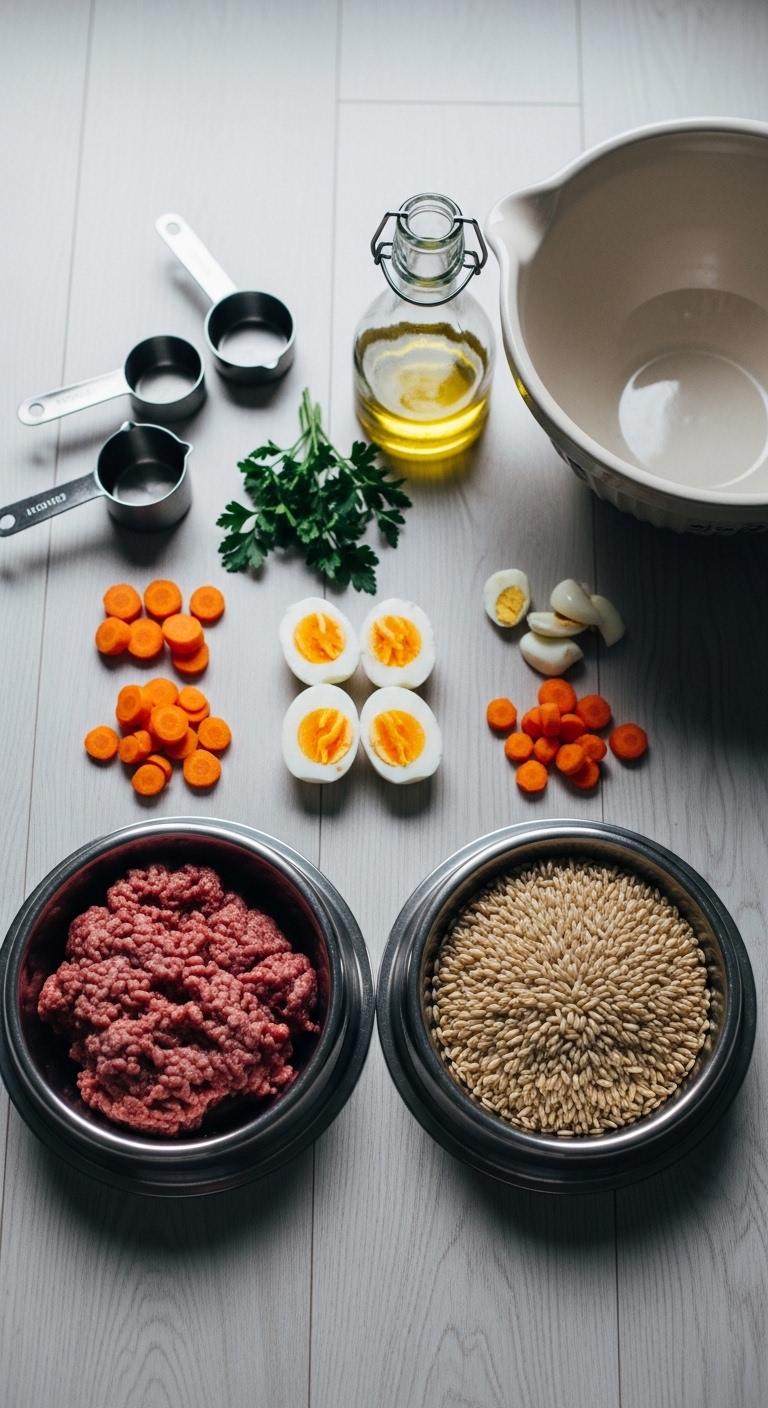 A bowl of dog food ingredients.