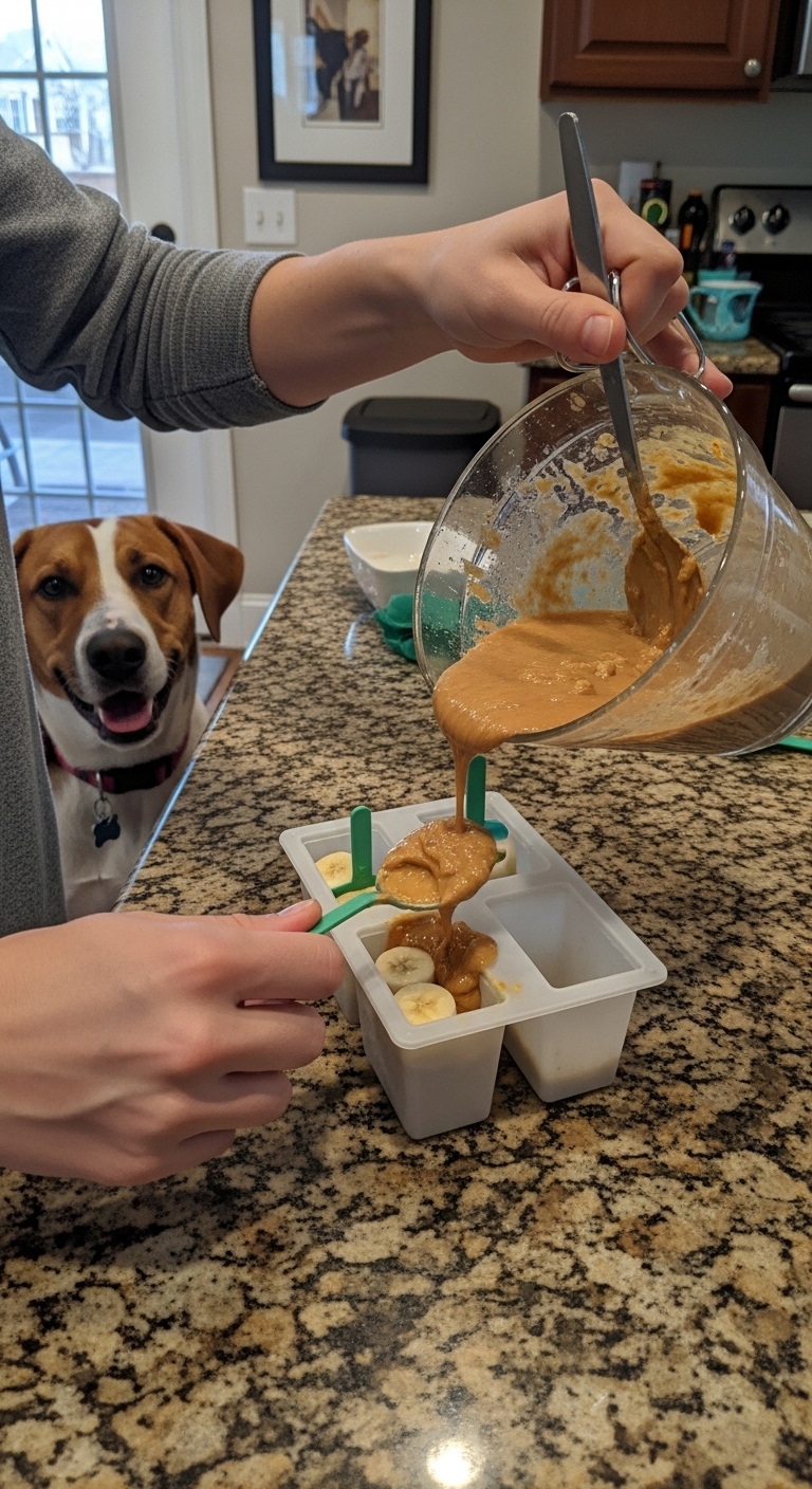 A dog is watching as a person pours a sauce into a container.