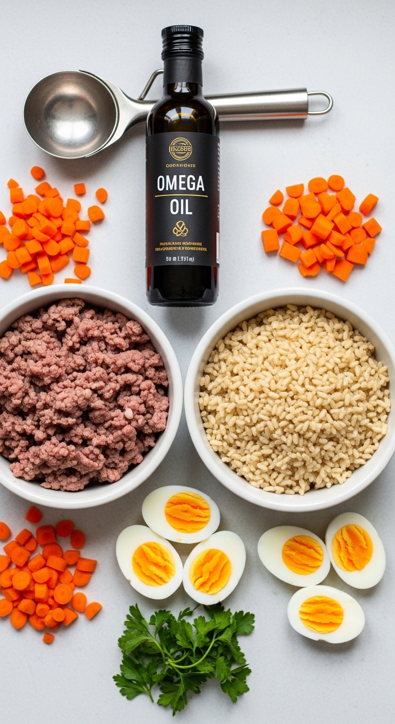 Two bowls of dog food and a bottle of Omega oil.
