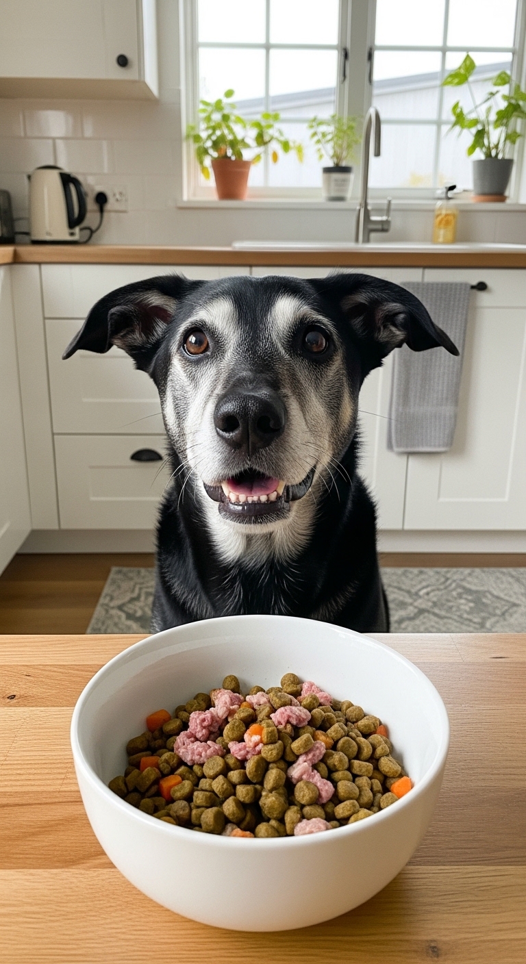 A dog is eating a bowl of dog food.