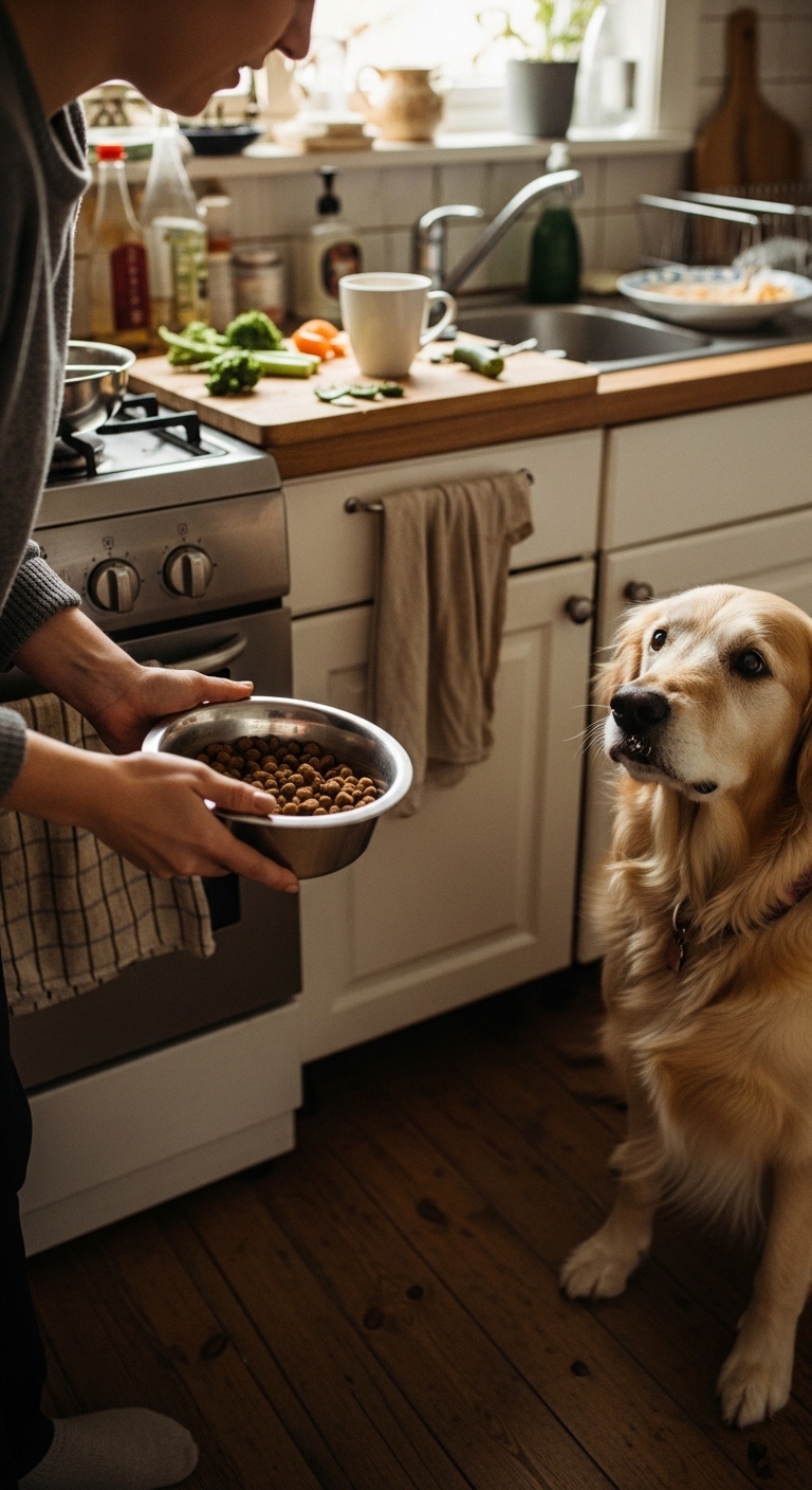 A dog is looking at a bowl of dog food.