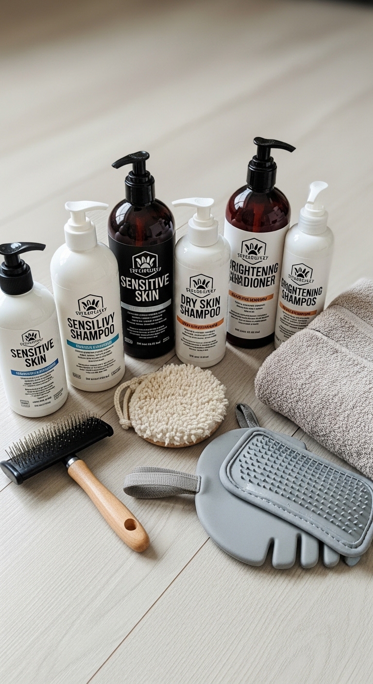 A collection of dog shampoo products.