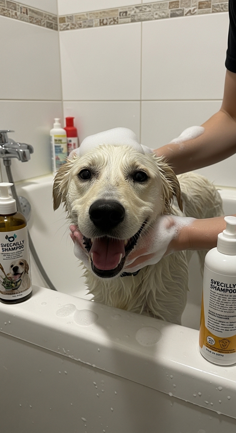 A dog is being bathed in a sink with a bottle of dog shampoo.