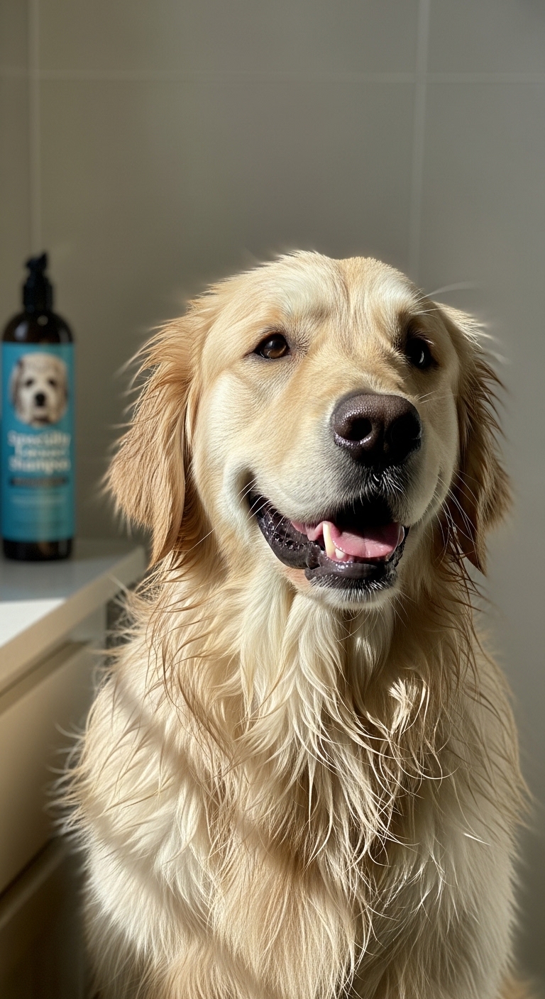 A dog with a smile on its face in front of a bottle of dog shampoo.