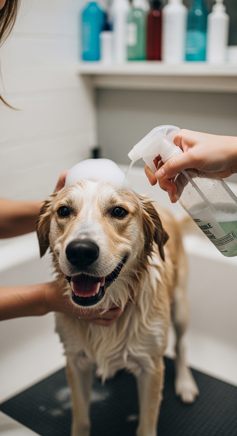 A dog is getting shampooed in a bathtub.