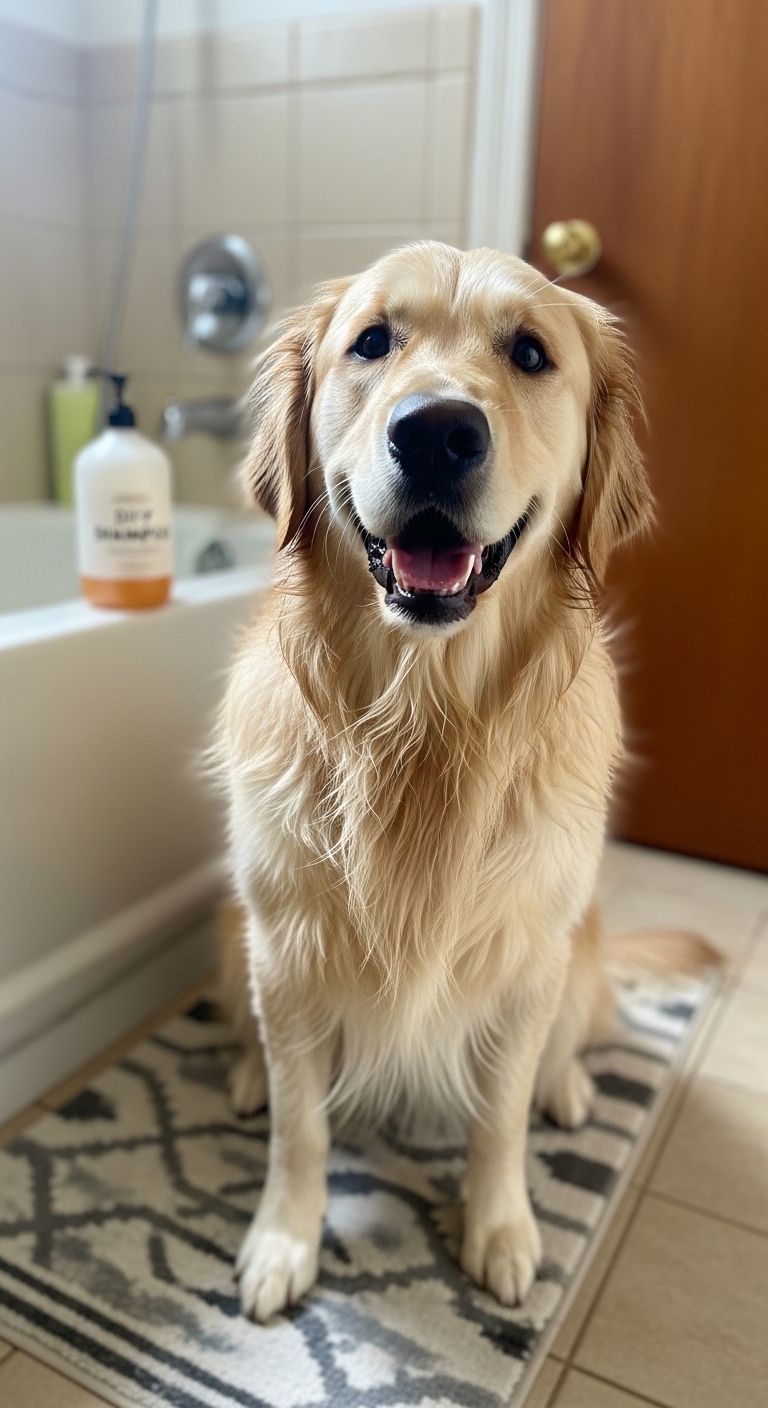 A dog is sitting in a bathroom with a bottle of homemade dog shampoo.