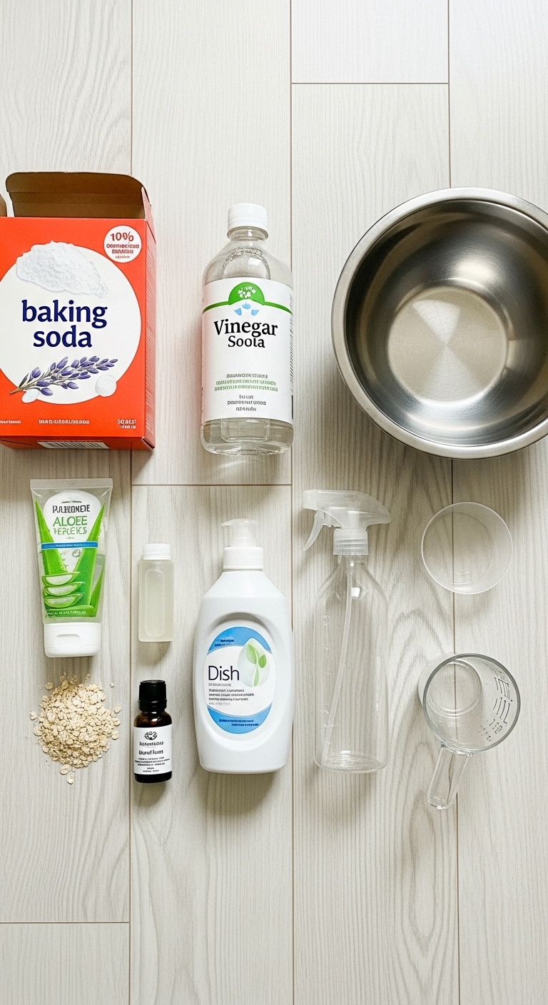 A bottle of baking soda is next to a bottle of vinegar.
