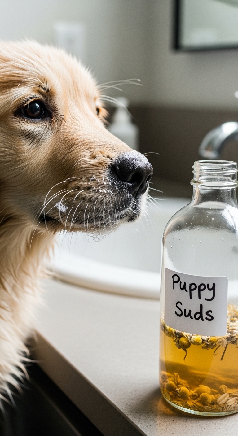 A dog is looking at a bottle of homemade puppy suds.