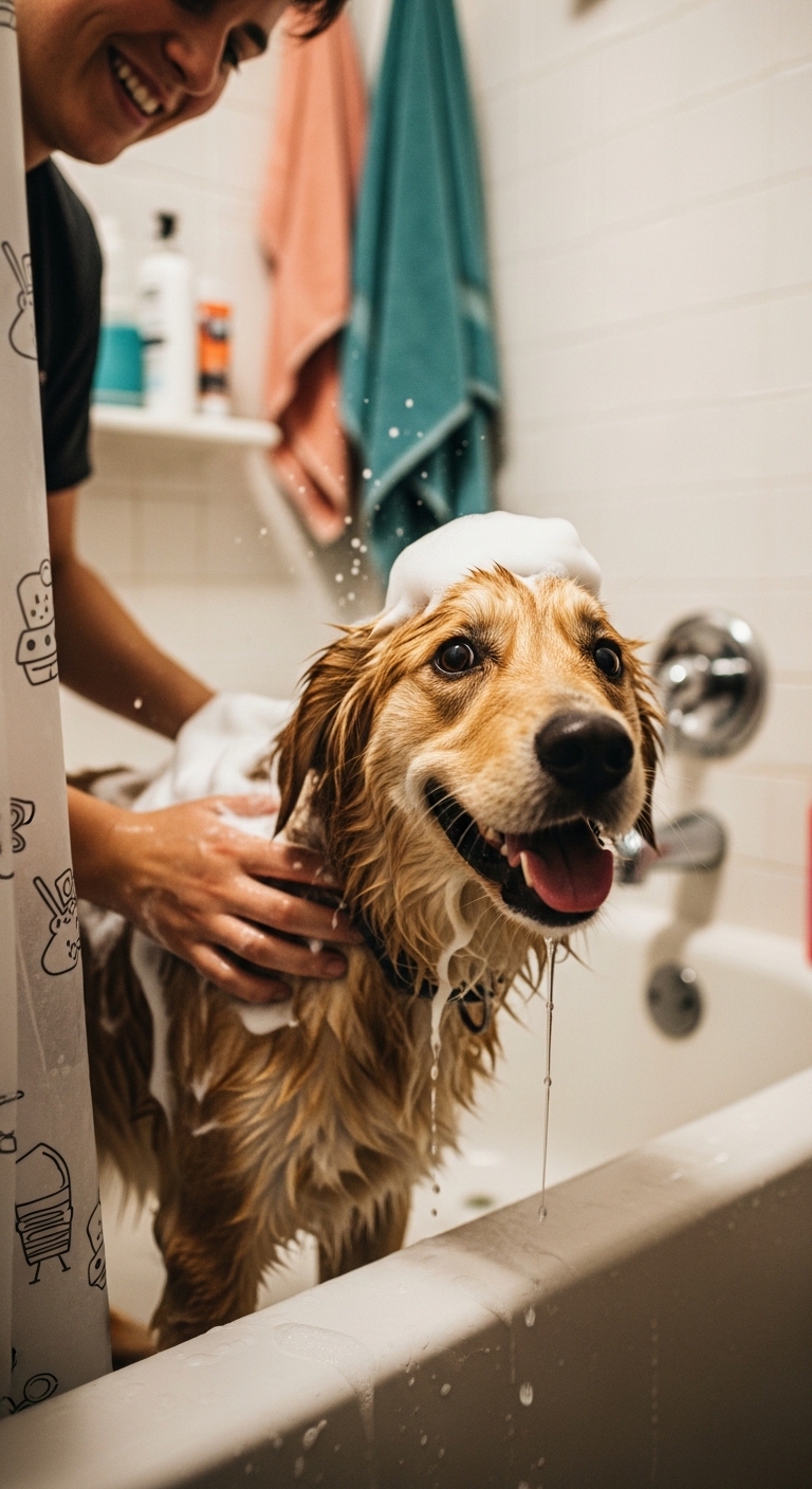 A dog is getting a bath in a sink.