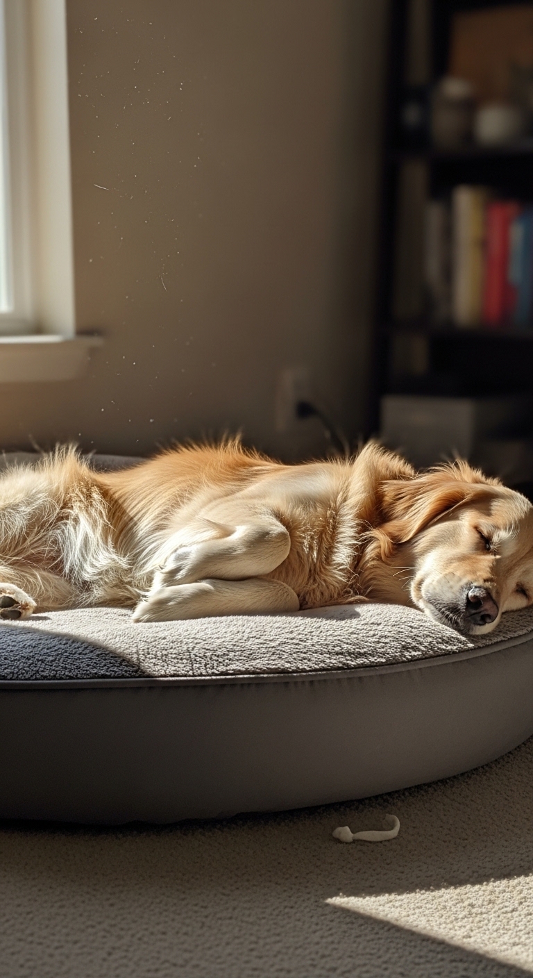 A dog is sleeping on a bed.