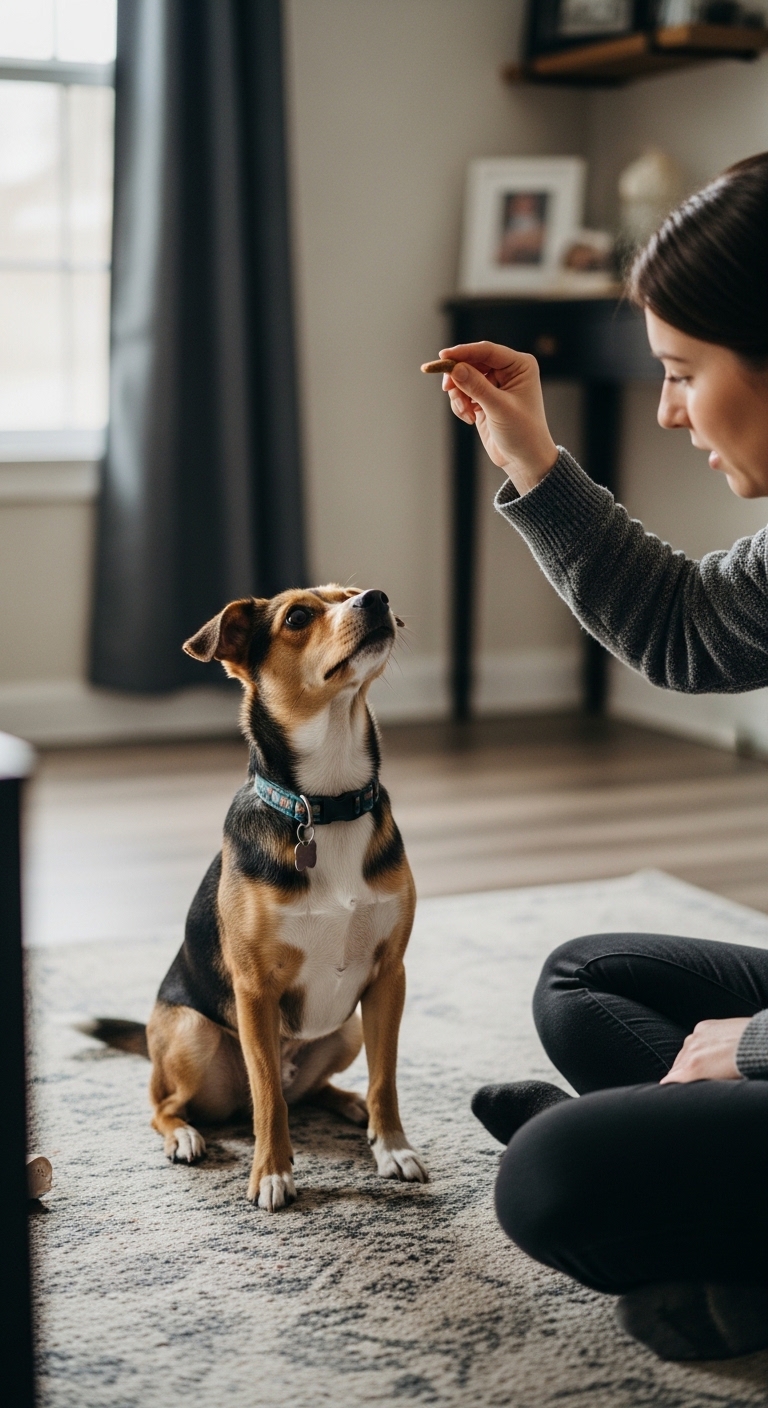 A woman is training her dog to sit.