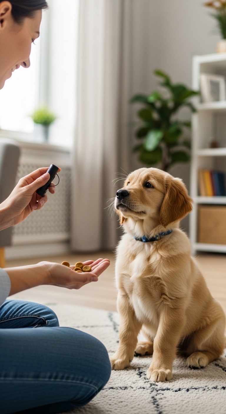 A person is training a dog to sit.