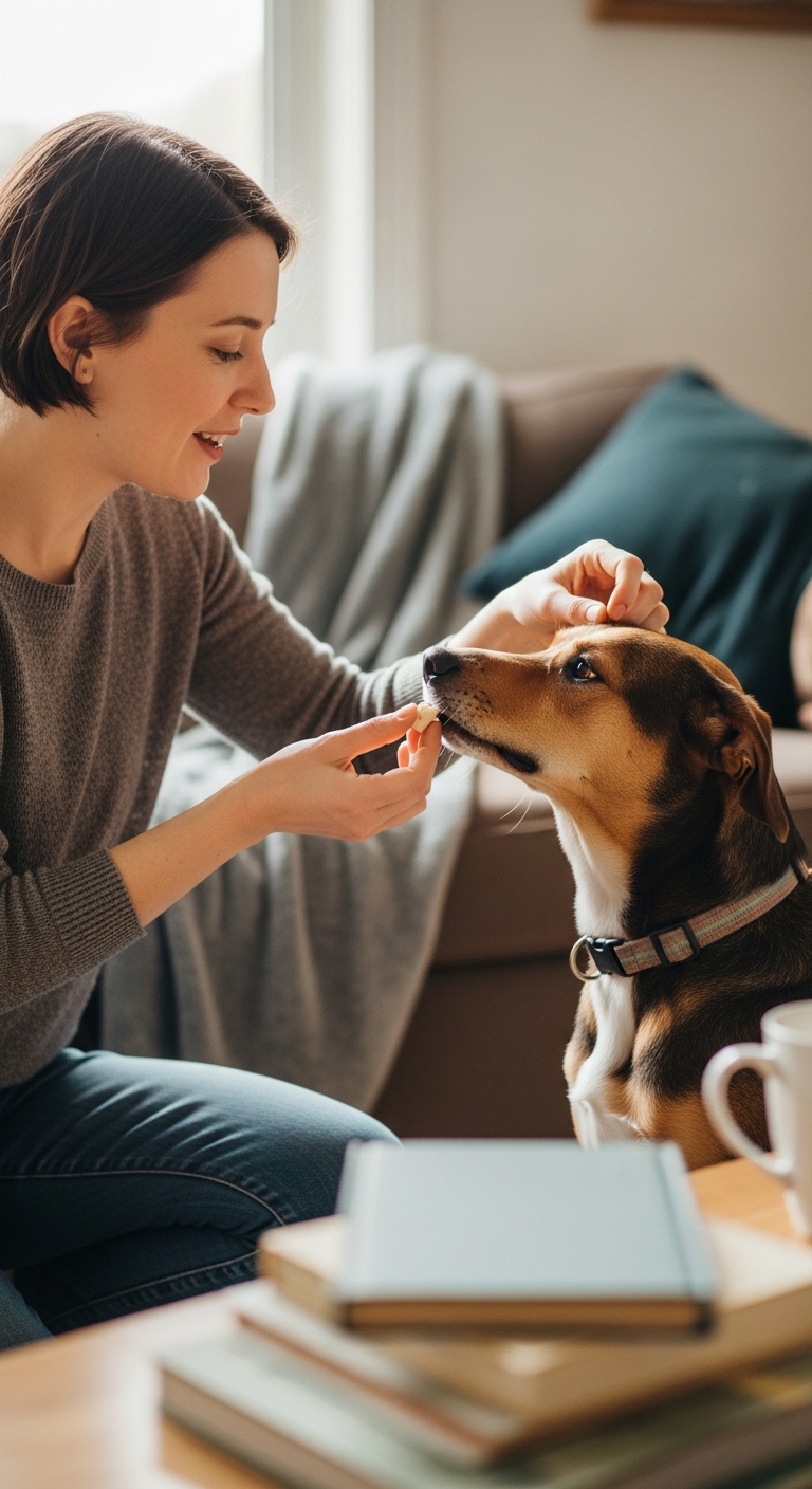 A woman is feeding a dog a treat.