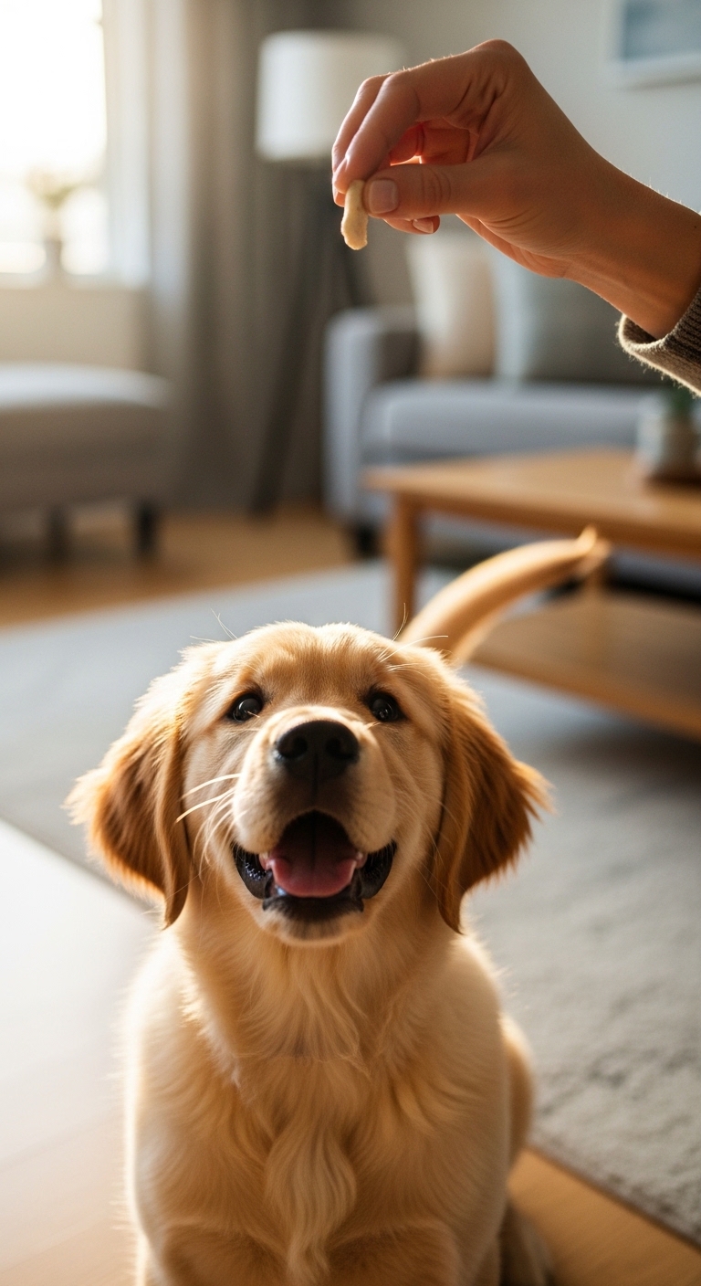 A dog is being trained to sit on a carpet.