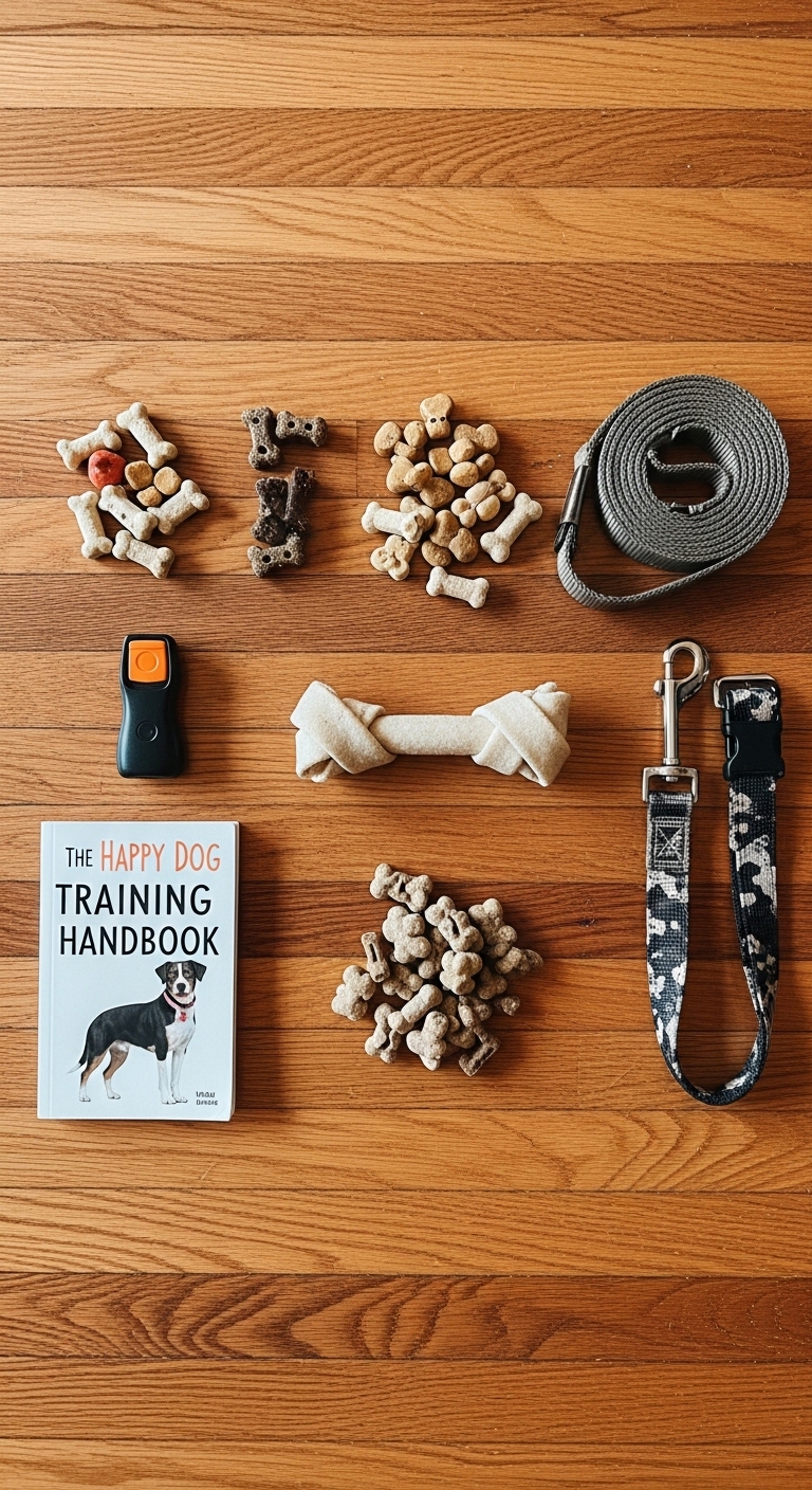 A dog training handbook is displayed on a table with various dog training items.