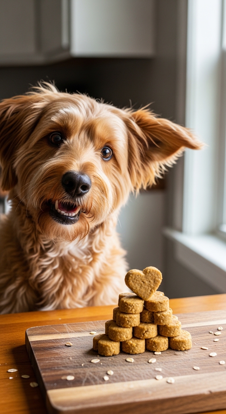A dog is looking at a heart shaped dog treat.