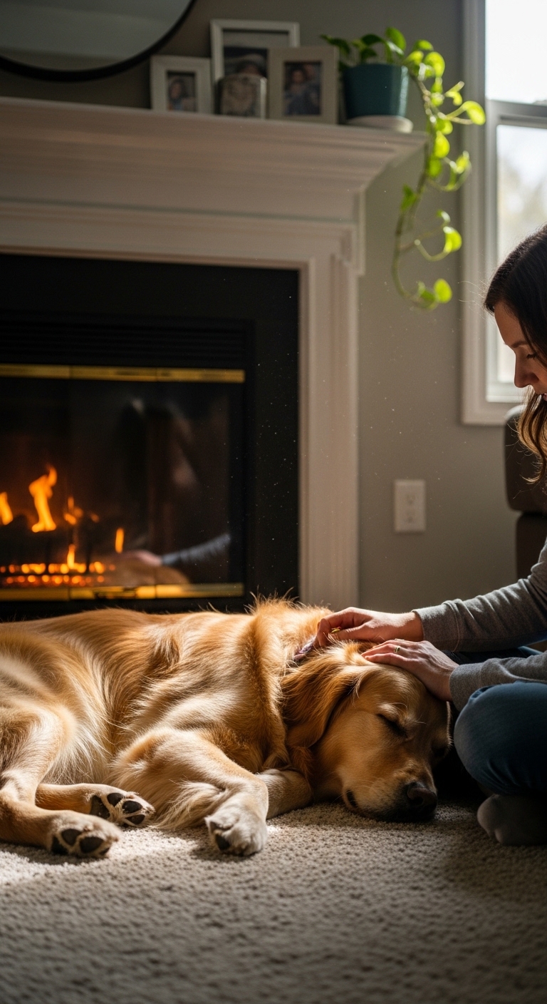 A woman petting a dog in front of a fireplace.