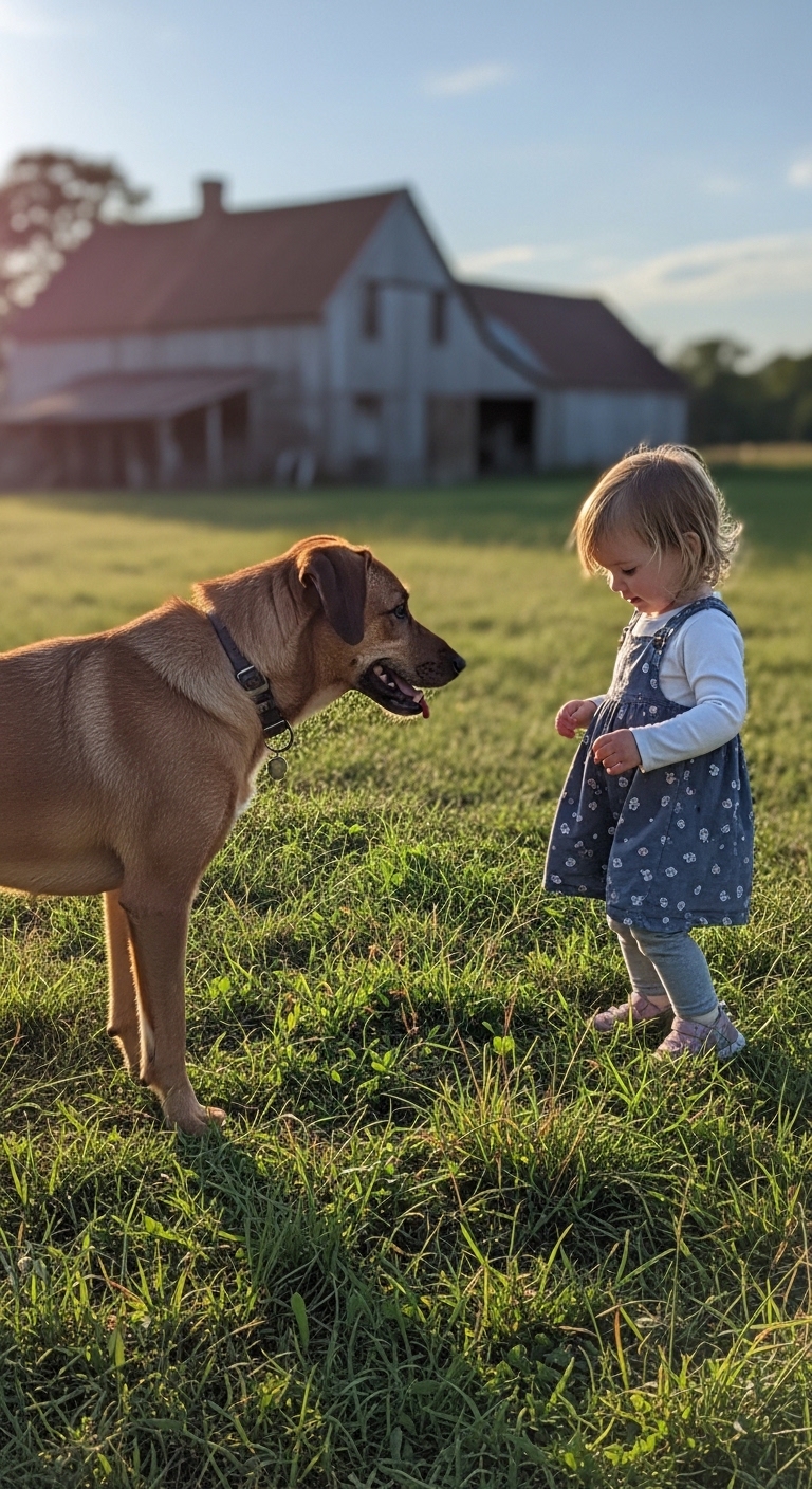 A little girl and a dog standing in the grass.