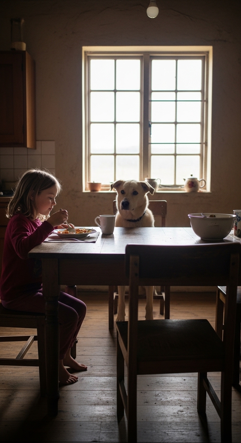 A little girl eating at a table with a dog sitting at the table.