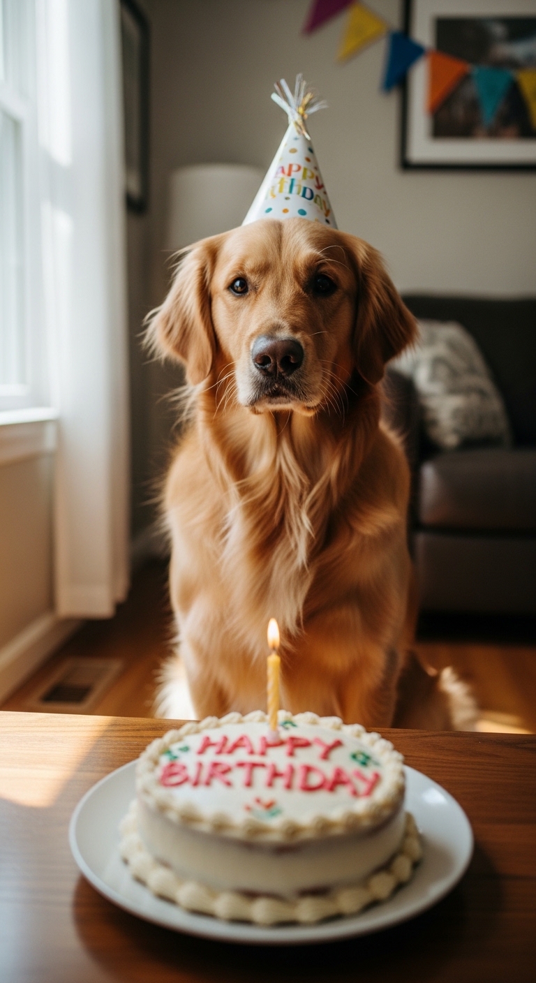 A dog is sitting in front of a birthday cake with a candle on it.