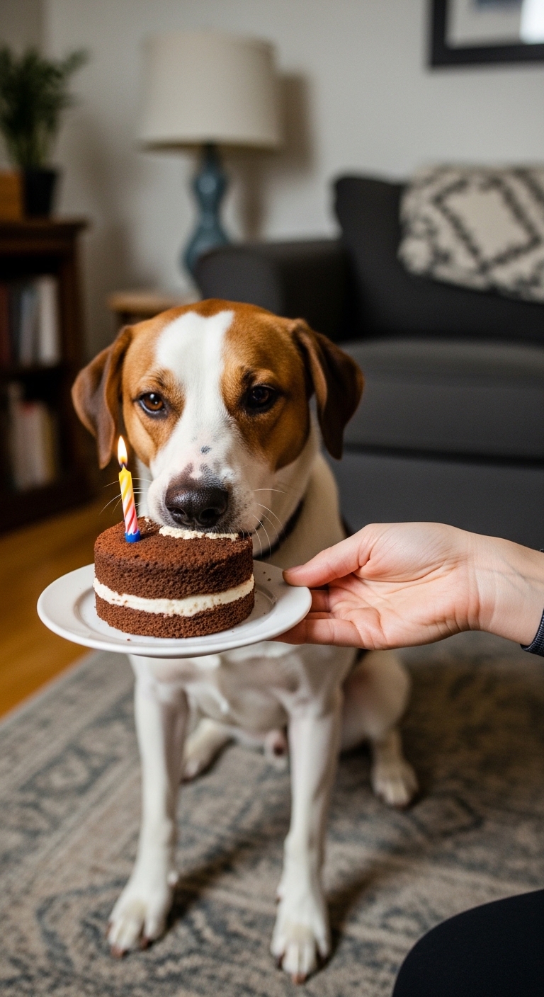 A dog is eating a piece of cake with a candle on it.