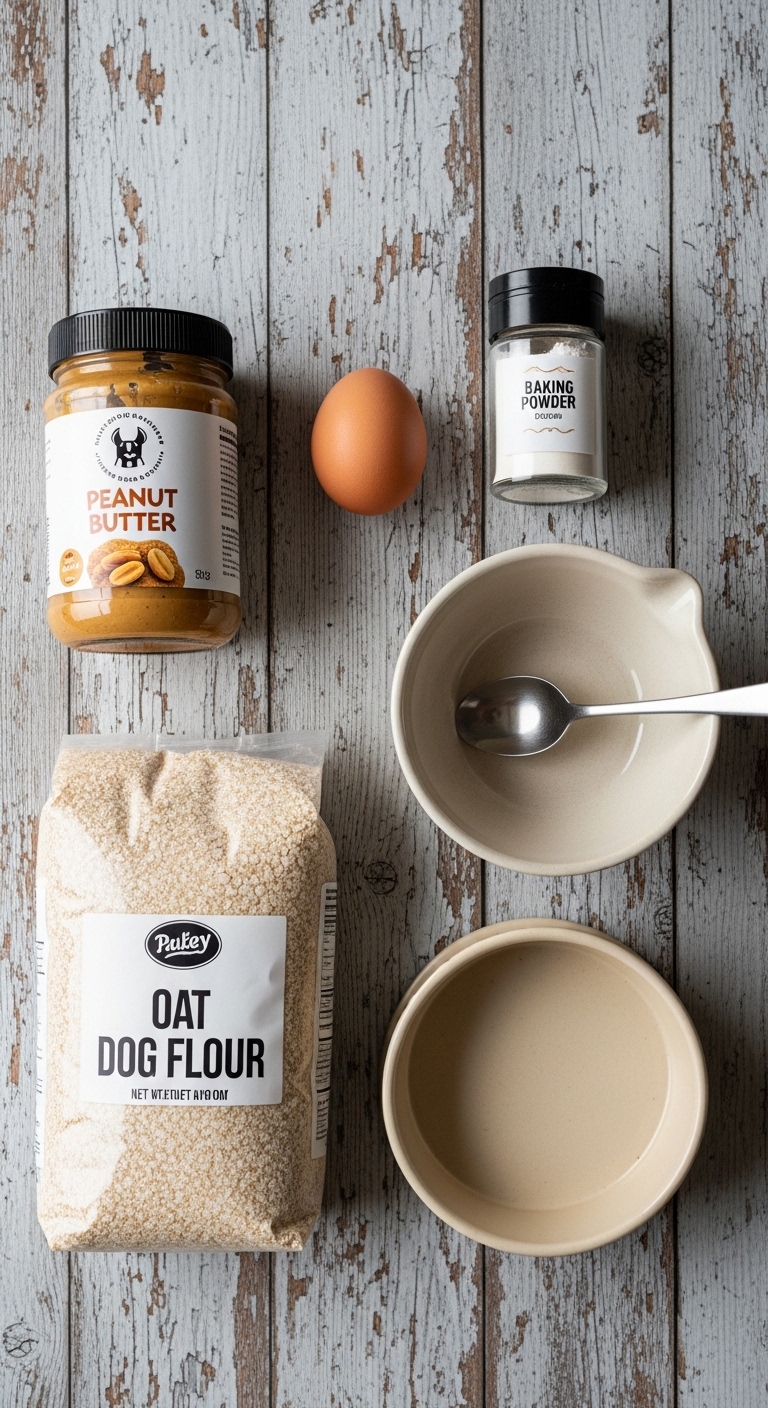 A bowl of oat dog flour sits on a table with other ingredients.