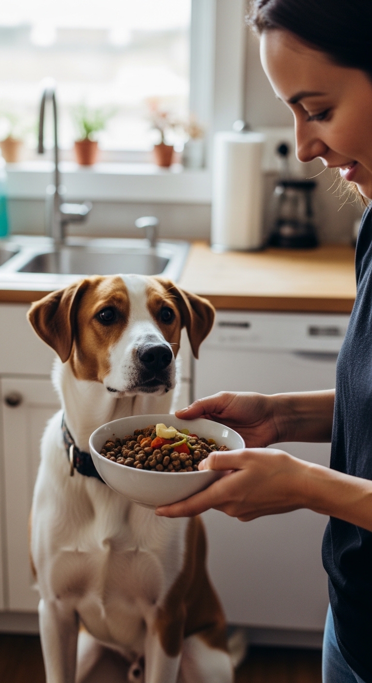 A woman feeds her dog from a bowl.